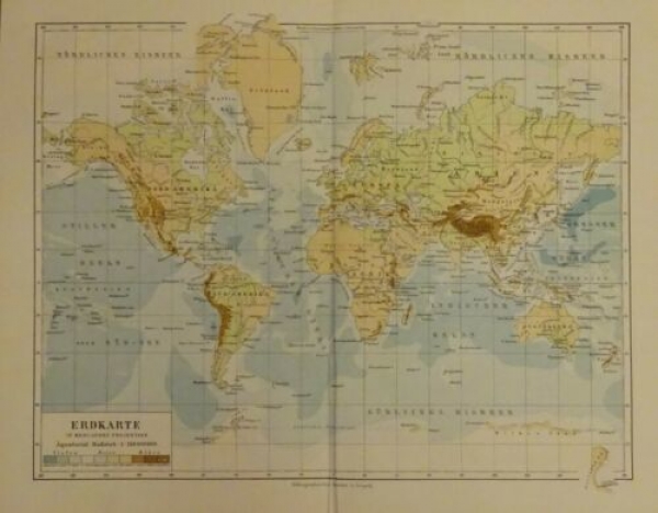 1898 - Erdkarte in Mercators Projektion, Landkarte, alter Druck